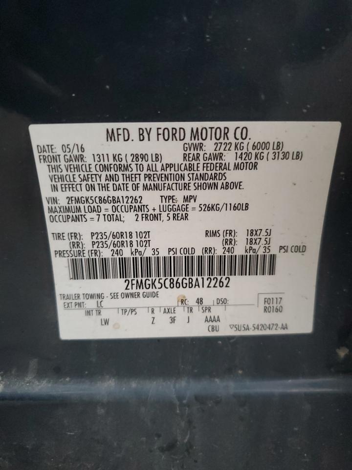 2016 Ford Flex Sel VIN: 2FMGK5C86GBA12262 Lot: 78329464