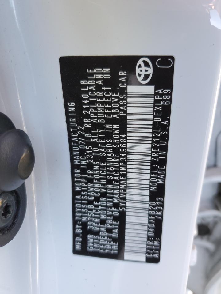 2022 Toyota Corolla Le VIN: 5YFVPMAE1NP349684 Lot: 77637924