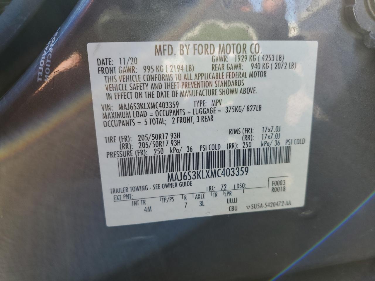 2021 Ford Ecosport Titanium VIN: MAJ6S3KLXMC403359 Lot: 76751464