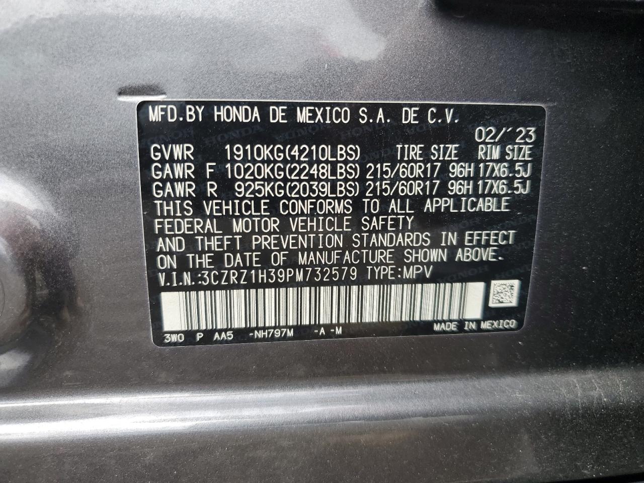 2023 Honda Hr-V Lx VIN: 3CZRZ1H39PM732579 Lot: 78224694