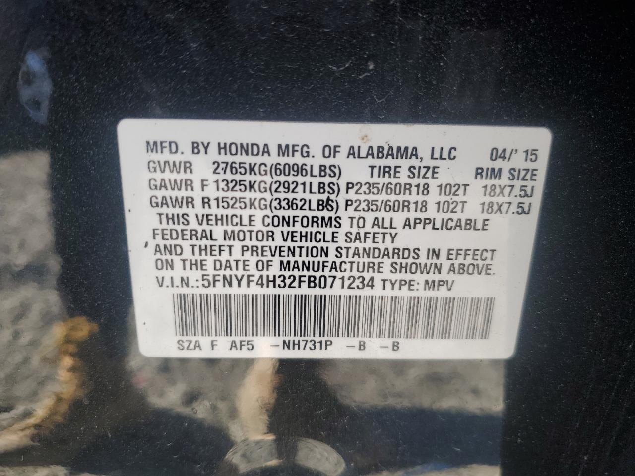 5FNYF4H32FB071234 2015 Honda Pilot Se