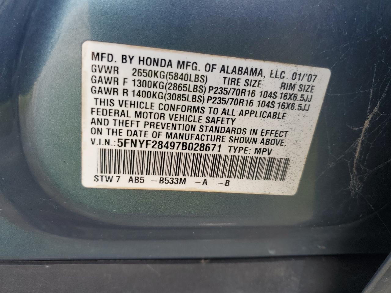 2007 Honda Pilot Ex VIN: 5FNYF28497B028671 Lot: 75189044