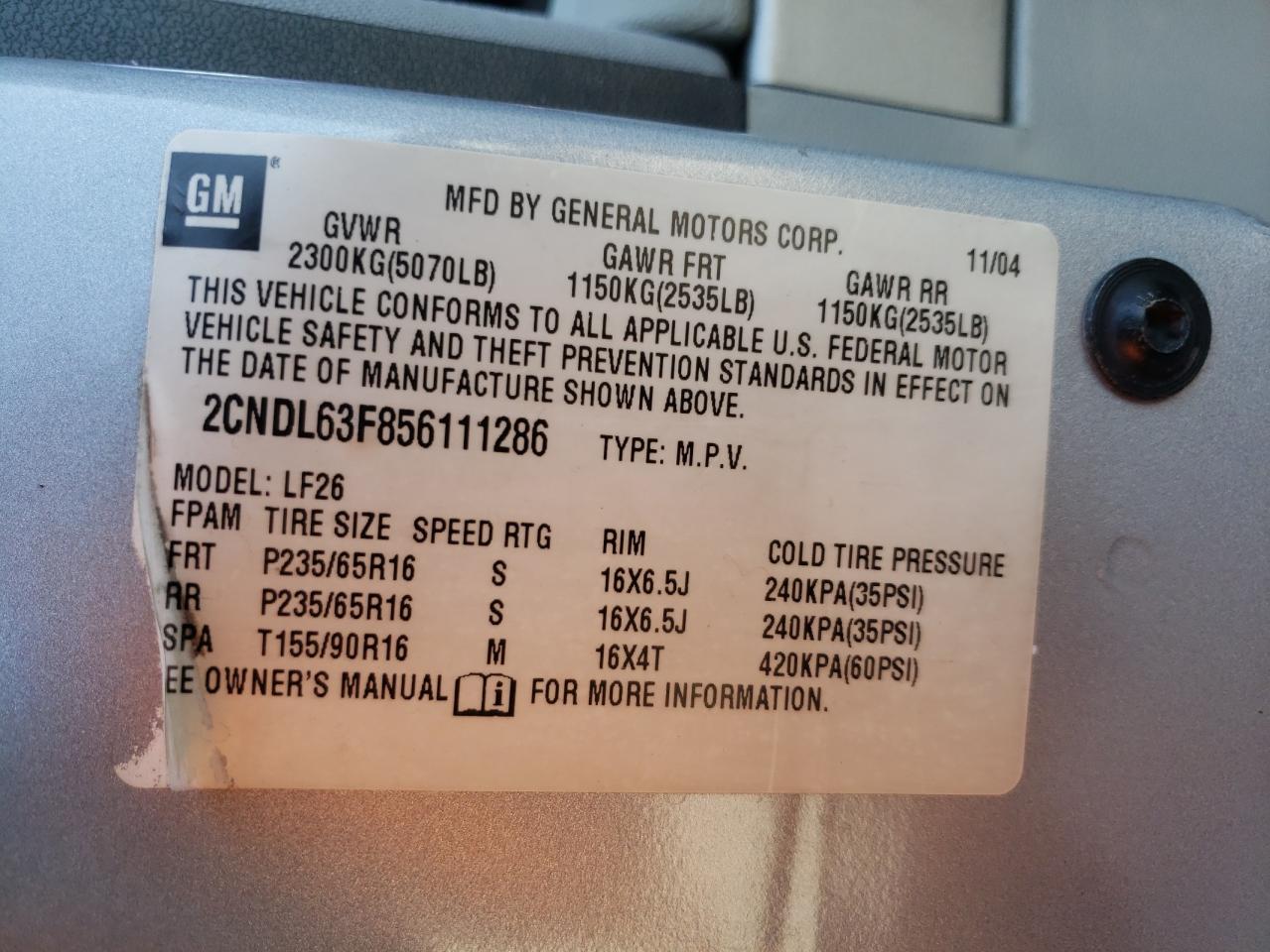 2005 Chevrolet Equinox Lt VIN: 2CNDL63F856111286 Lot: 75490764