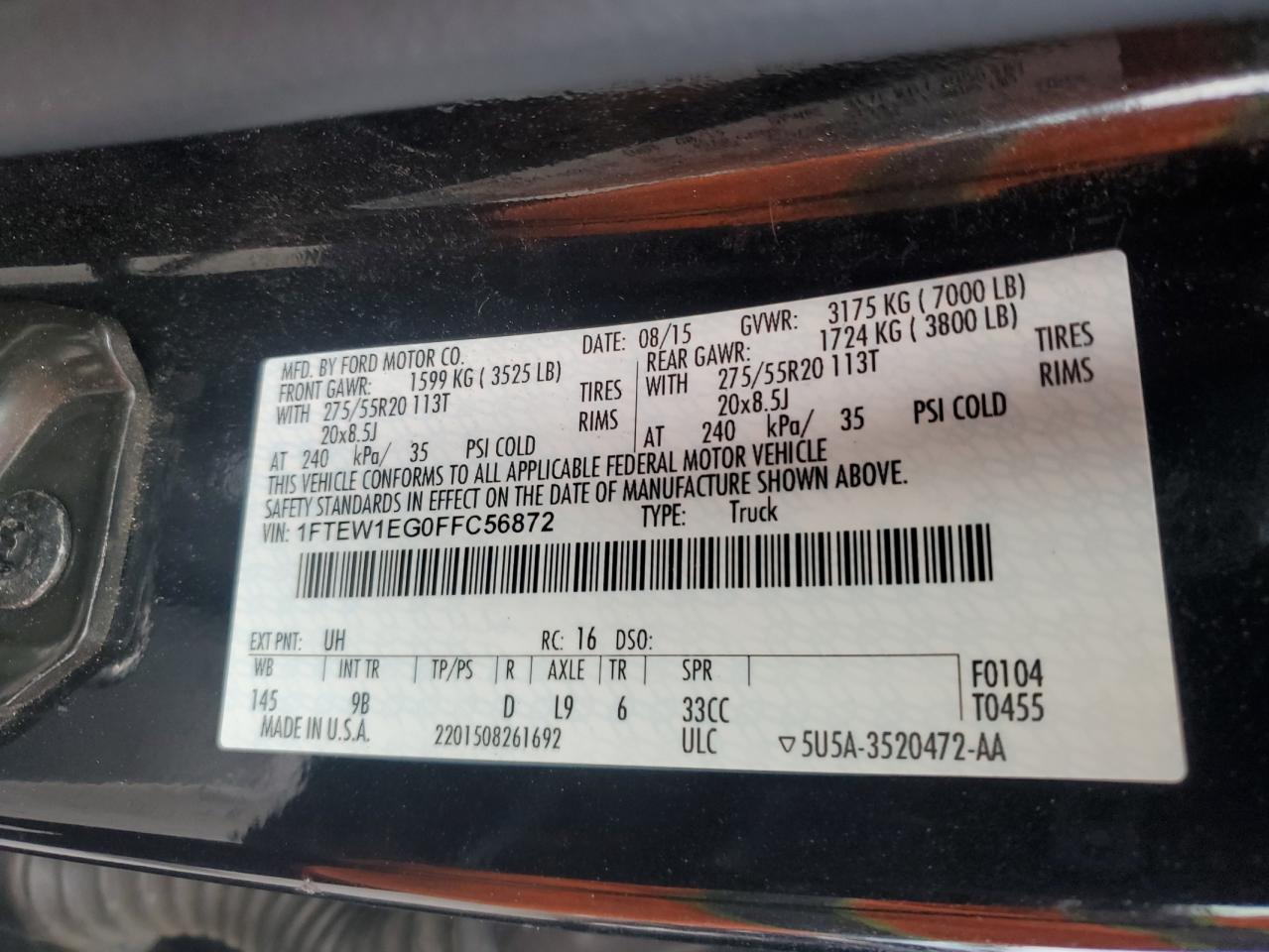 2015 Ford F150 Supercrew VIN: 1FTEW1EG0FFC56872 Lot: 74097674