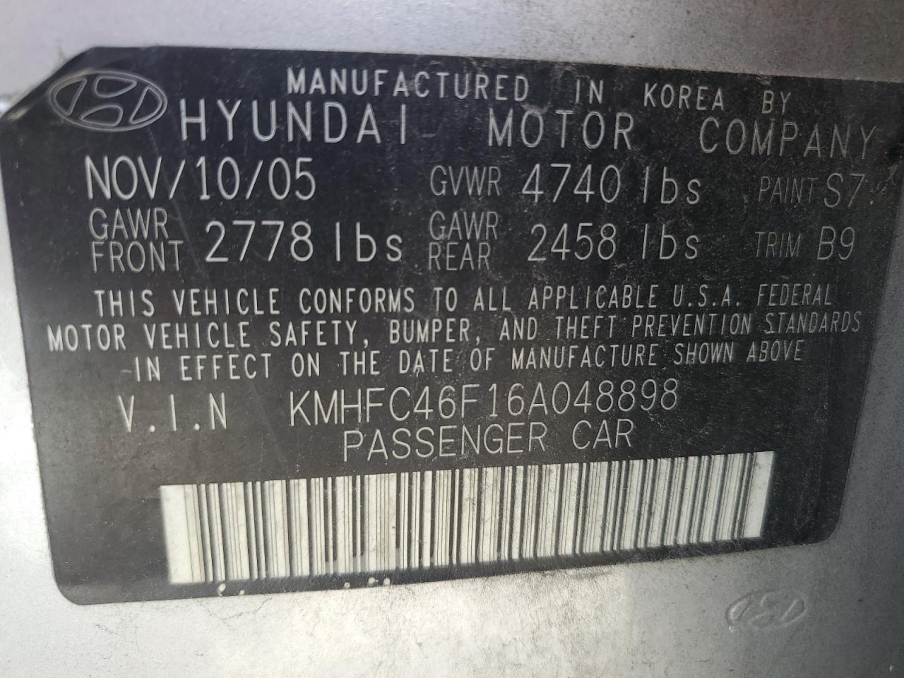 2006 Hyundai Azera Se VIN: KMHFC46F16A048898 Lot: 77953824