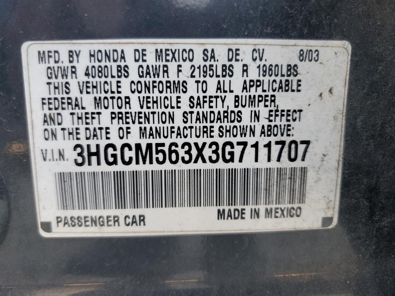 3HGCM563X3G711707 2003 Honda Accord Lx