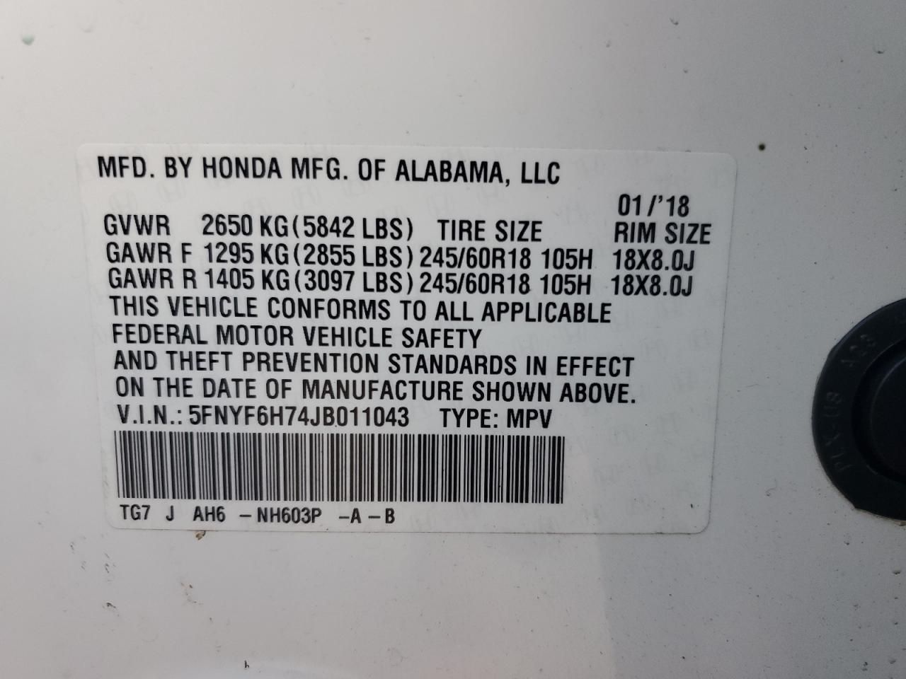 5FNYF6H74JB011043 2018 Honda Pilot Exln