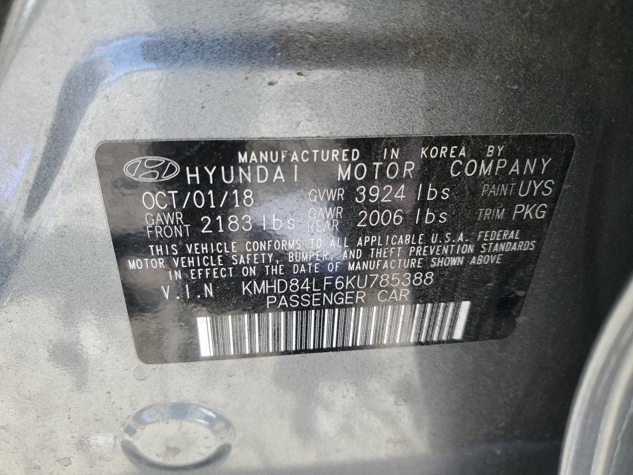 KMHD84LF6KU785388 2019 Hyundai Elantra Sel