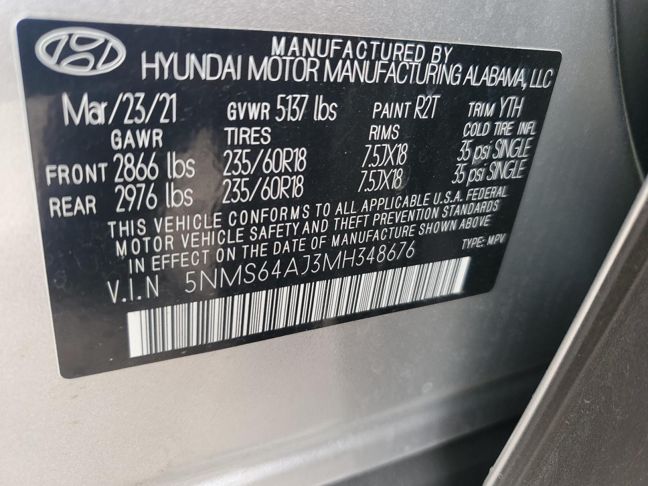 2021 Hyundai Santa Fe Sel VIN: 5NMS64AJ3MH348676 Lot: 76083314