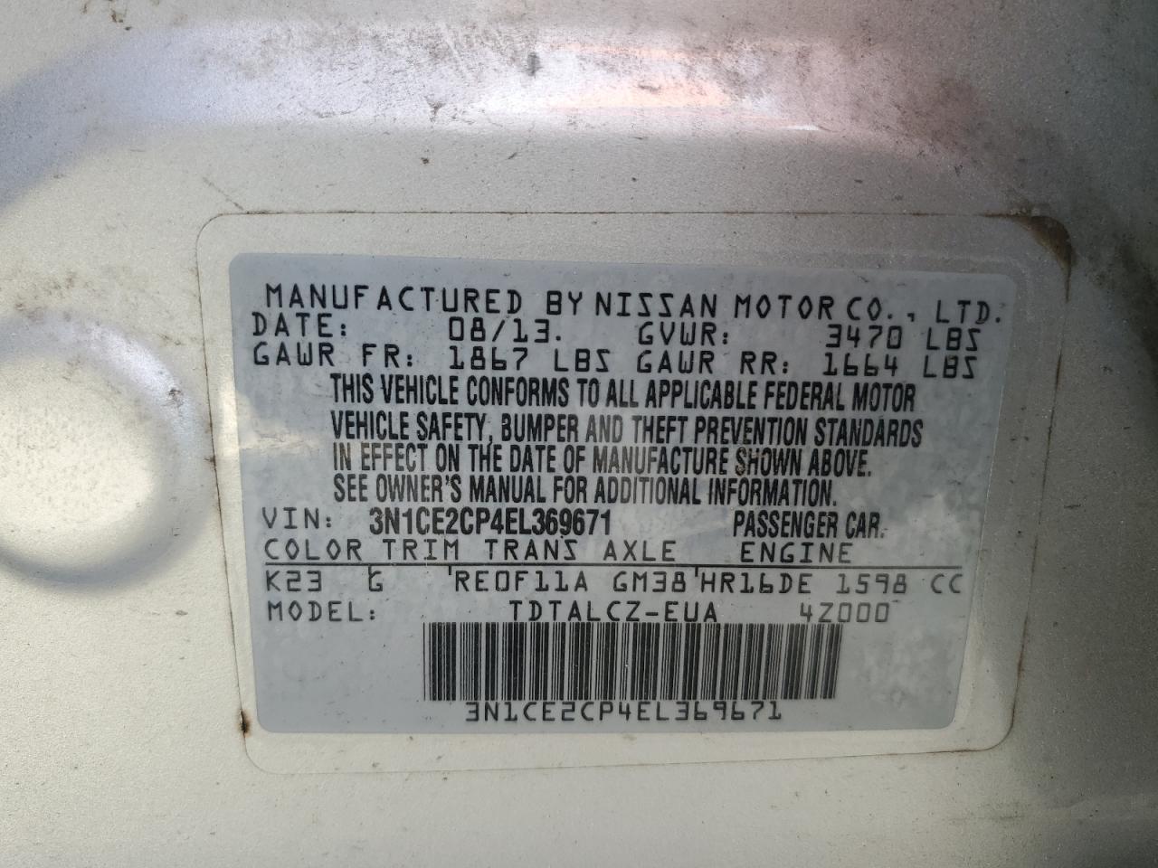 3N1CE2CP4EL369671 2014 Nissan Versa Note S