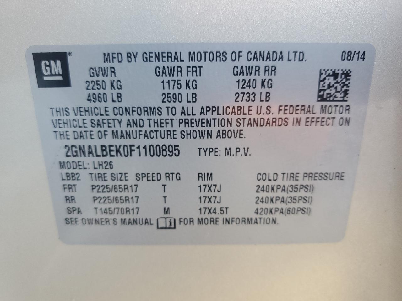 2GNALBEK0F1100895 2015 Chevrolet Equinox Lt