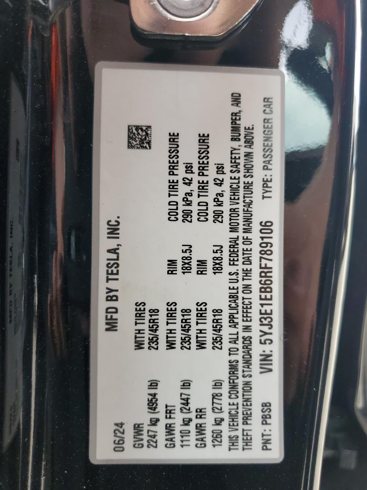 5YJ3E1EB6RF789106 2024 Tesla Model 3