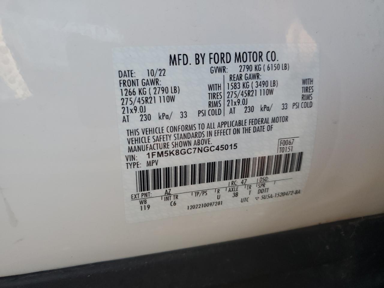 2022 Ford Explorer St VIN: 1FM5K8GC7NGC45015 Lot: 74527804