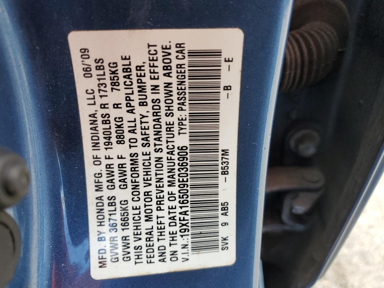 19XFA16509E036906 2009 Honda Civic Lx