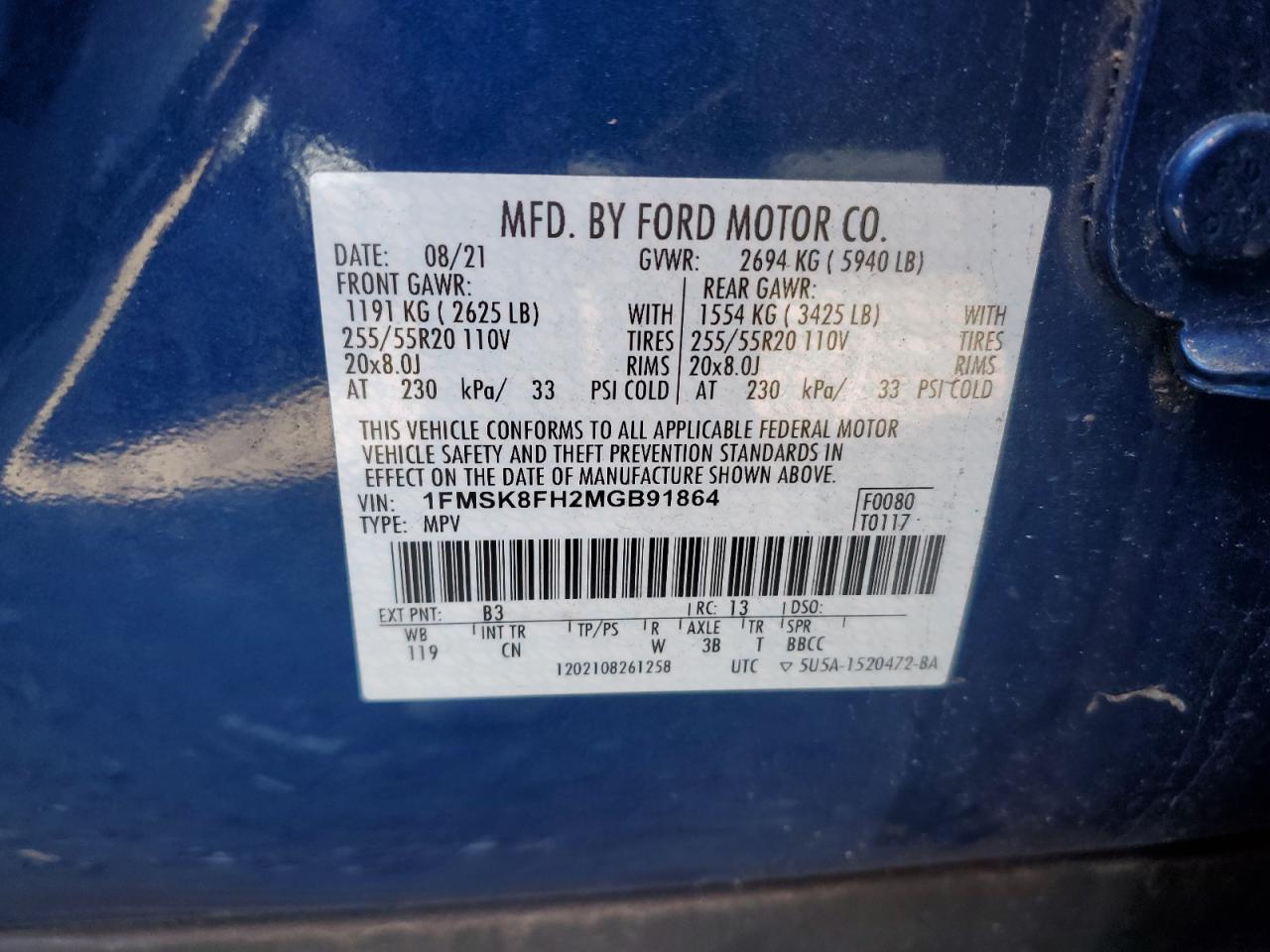 2021 Ford Explorer Limited VIN: 1FMSK8FH2MGB91864 Lot: 75748314