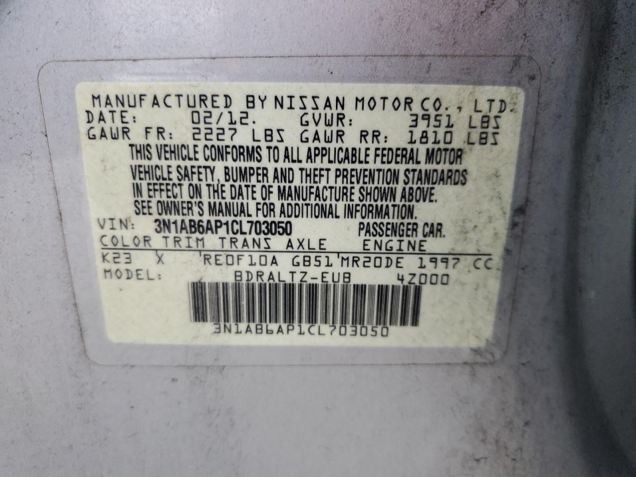 3N1AB6AP1CL703050 2012 Nissan Sentra 2.0