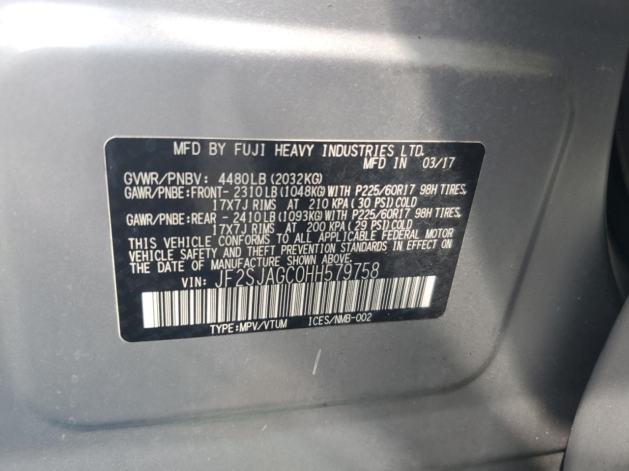 JF2SJAGC0HH579758 2017 Subaru Forester 2.5I Premium