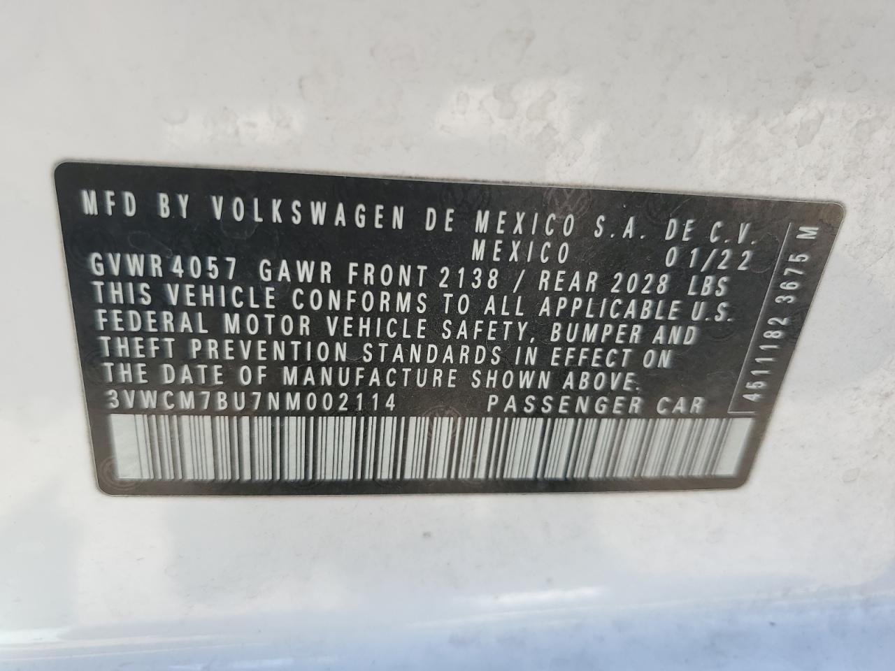 3VWCM7BU7NM002114 2022 Volkswagen Jetta S