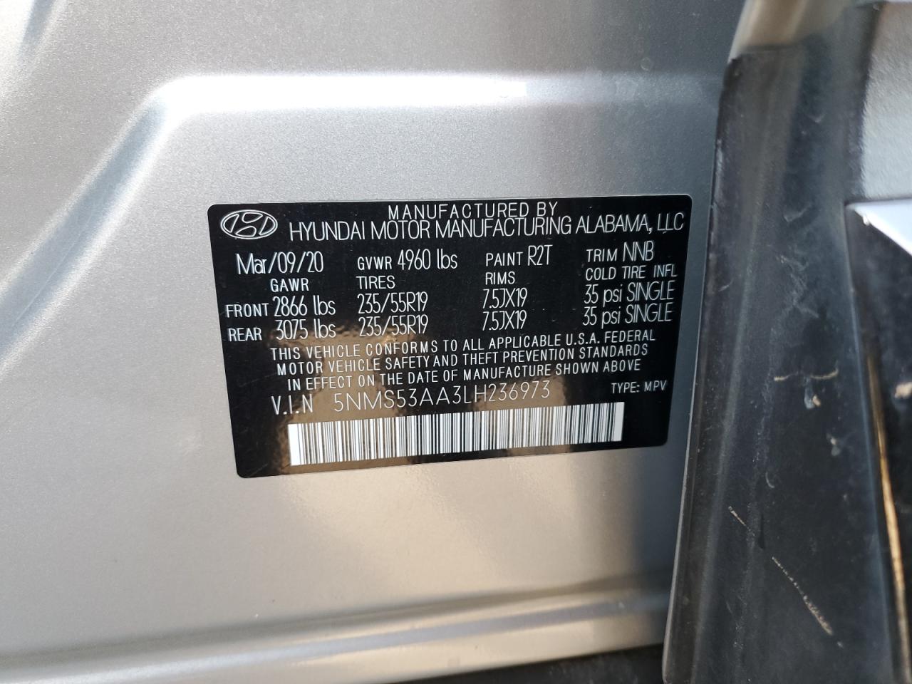 5NMS53AA3LH236973 2020 Hyundai Santa Fe Limited