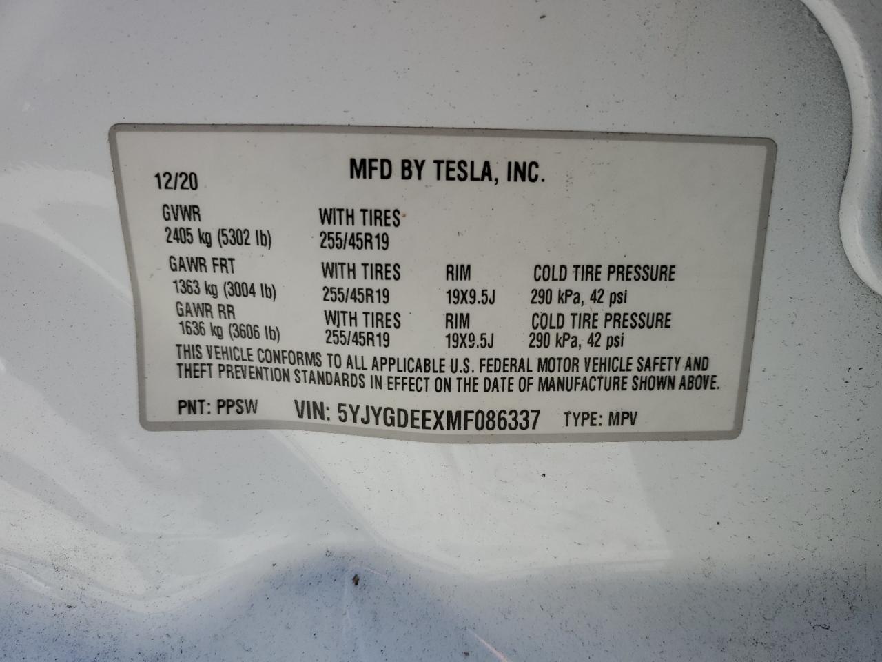 2021 Tesla Model Y VIN: 5YJYGDEEXMF086337 Lot: 75918664