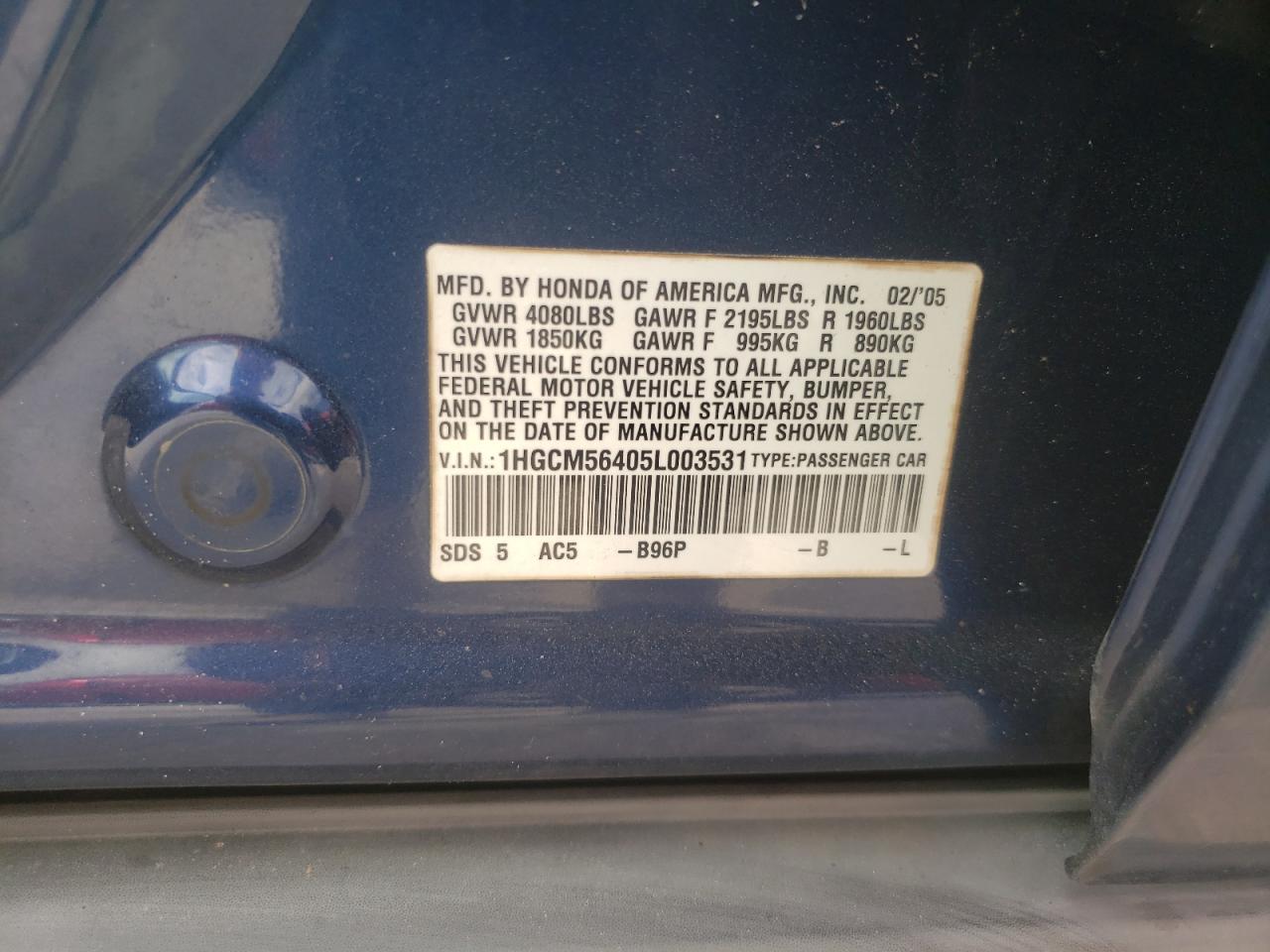 2005 Honda Accord Lx VIN: 1HGCM56405L003531 Lot: 76332154