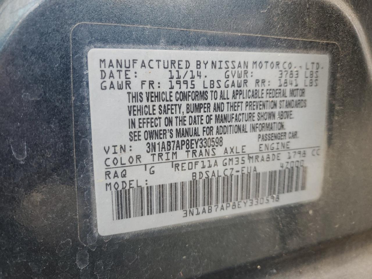 3N1AB7AP8EY330598 2014 Nissan Sentra S