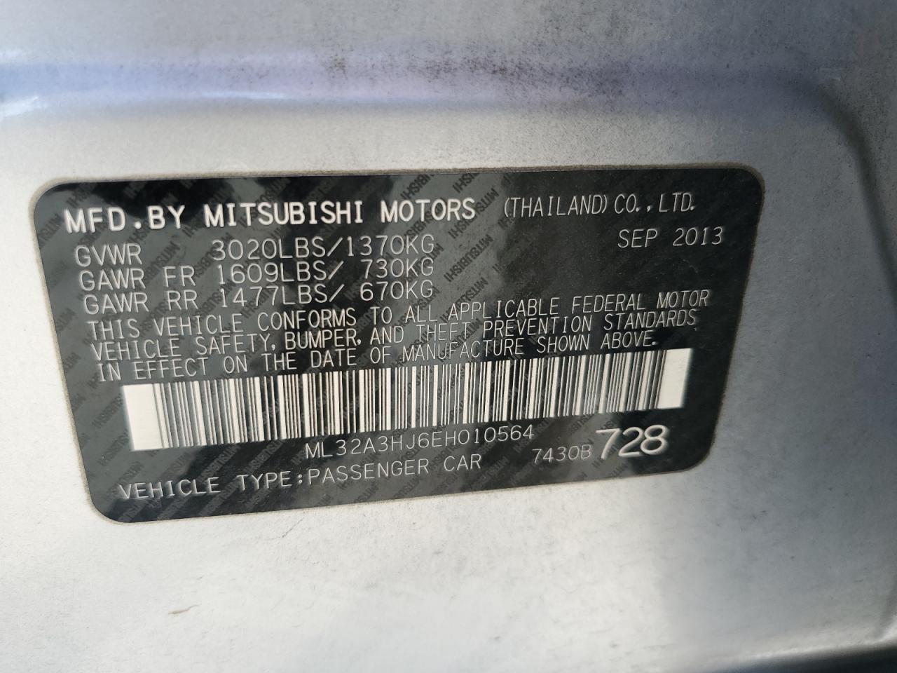 2014 Mitsubishi Mirage De VIN: ML32A3HJ6EH010564 Lot: 74831144