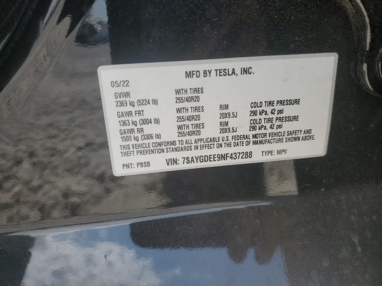 7SAYGDEE9NF437288 2022 Tesla Model Y