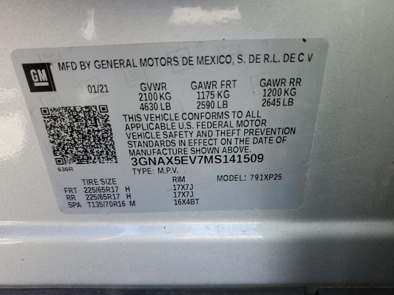 2021 Chevrolet Equinox VIN: 3GNAX5EV7MS141509 Lot: 75100594