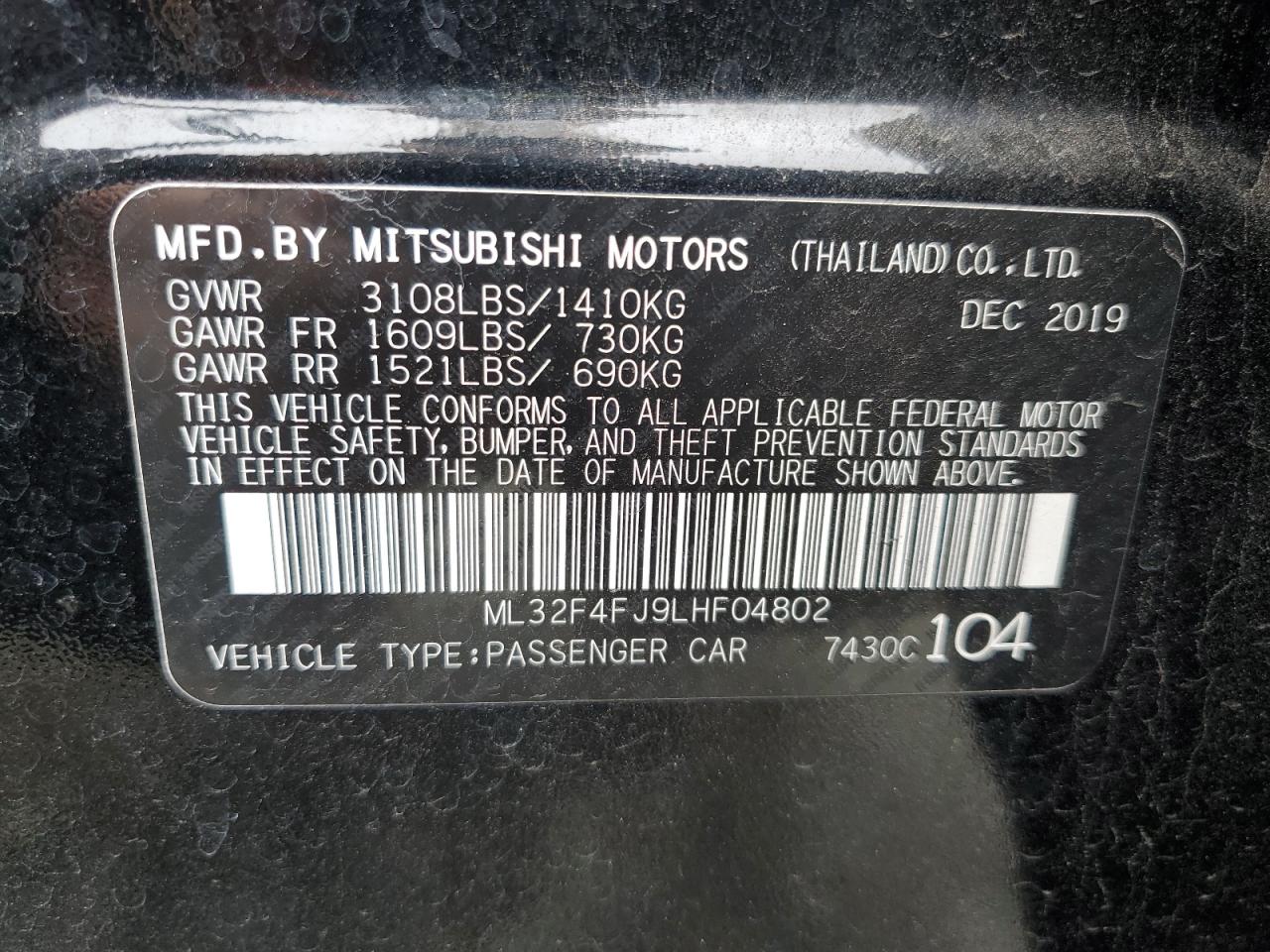 2020 Mitsubishi Mirage G4 Se VIN: ML32F4FJ9LHF04802 Lot: 75741054