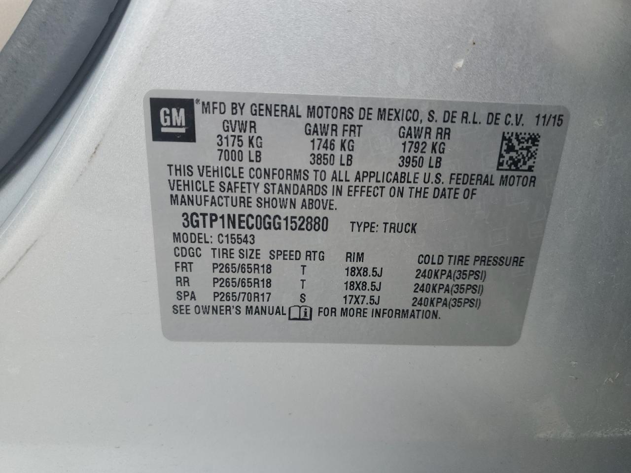 3GTP1NEC0GG152880 2016 GMC Sierra C1500 Slt