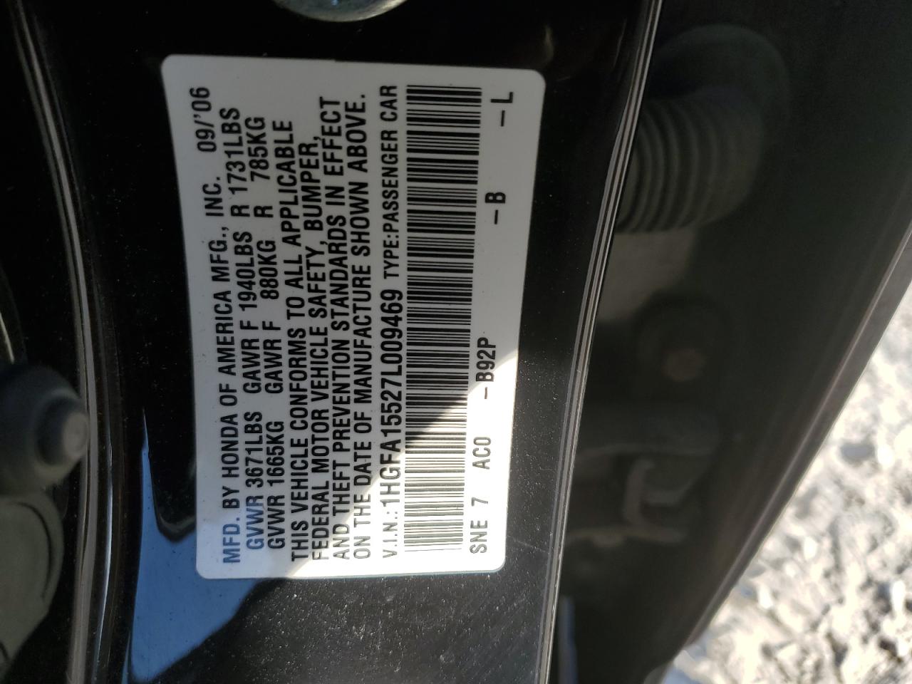 1HGFA15527L009469 2007 Honda Civic Lx