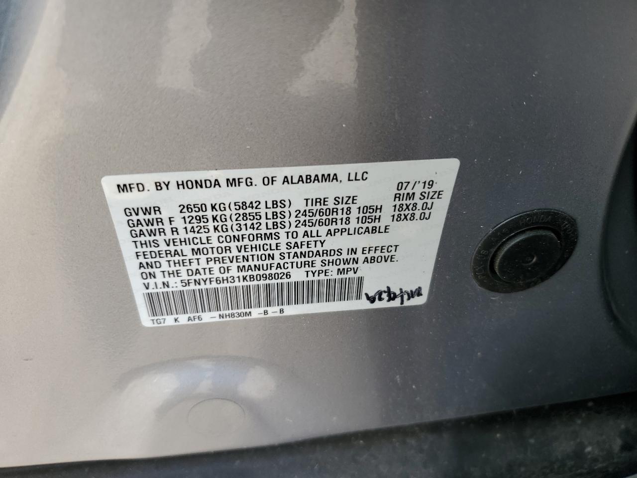 5FNYF6H31KB098026 2019 Honda Pilot Ex