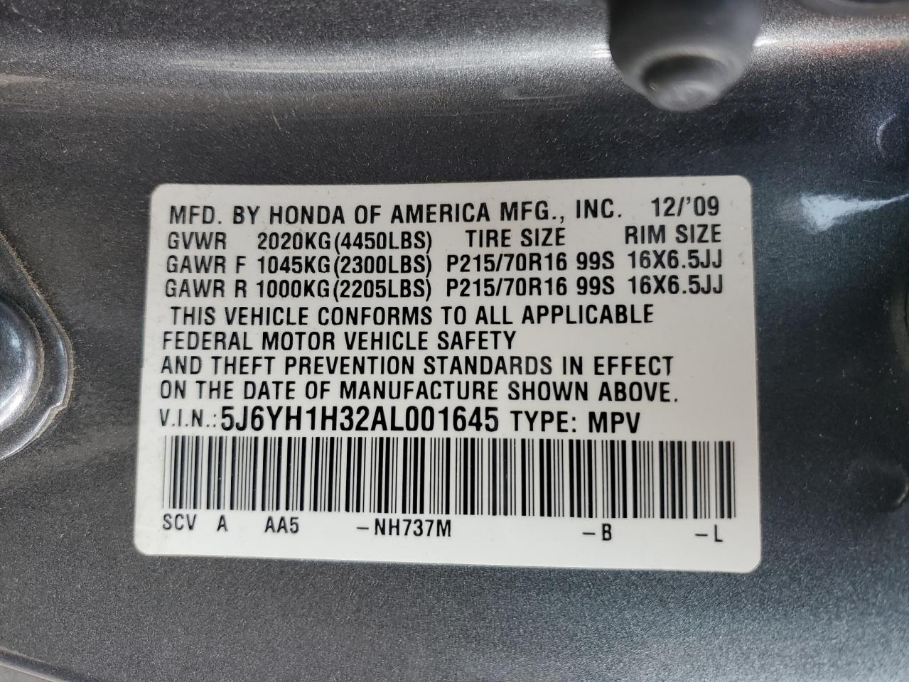 2010 Honda Element Lx VIN: 5J6YH1H32AL001645 Lot: 77334404