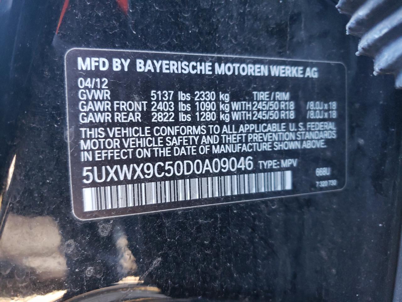 2013 BMW X3 xDrive28I VIN: 5UXWX9C50D0A09046 Lot: 75892334