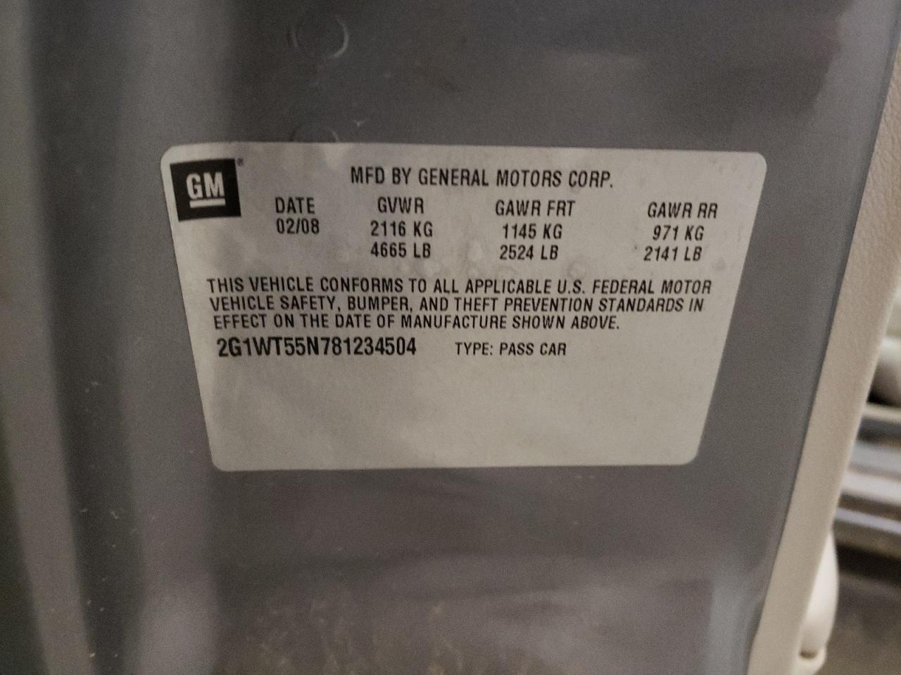 2008 Chevrolet Impala Lt VIN: 2G1WT55N781234504 Lot: 75888914