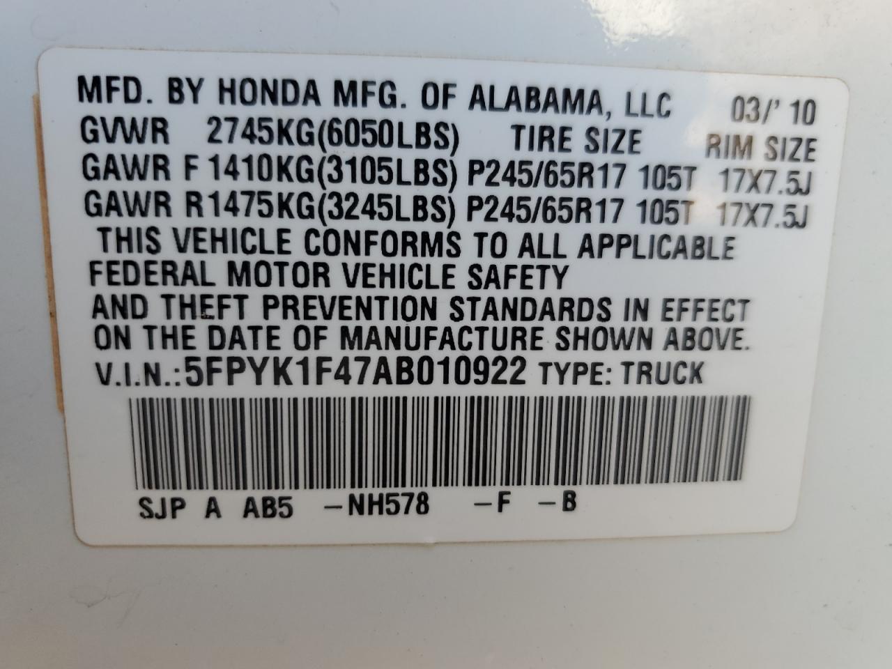 2010 Honda Ridgeline Rts VIN: 5FPYK1F47AB010922 Lot: 77881294