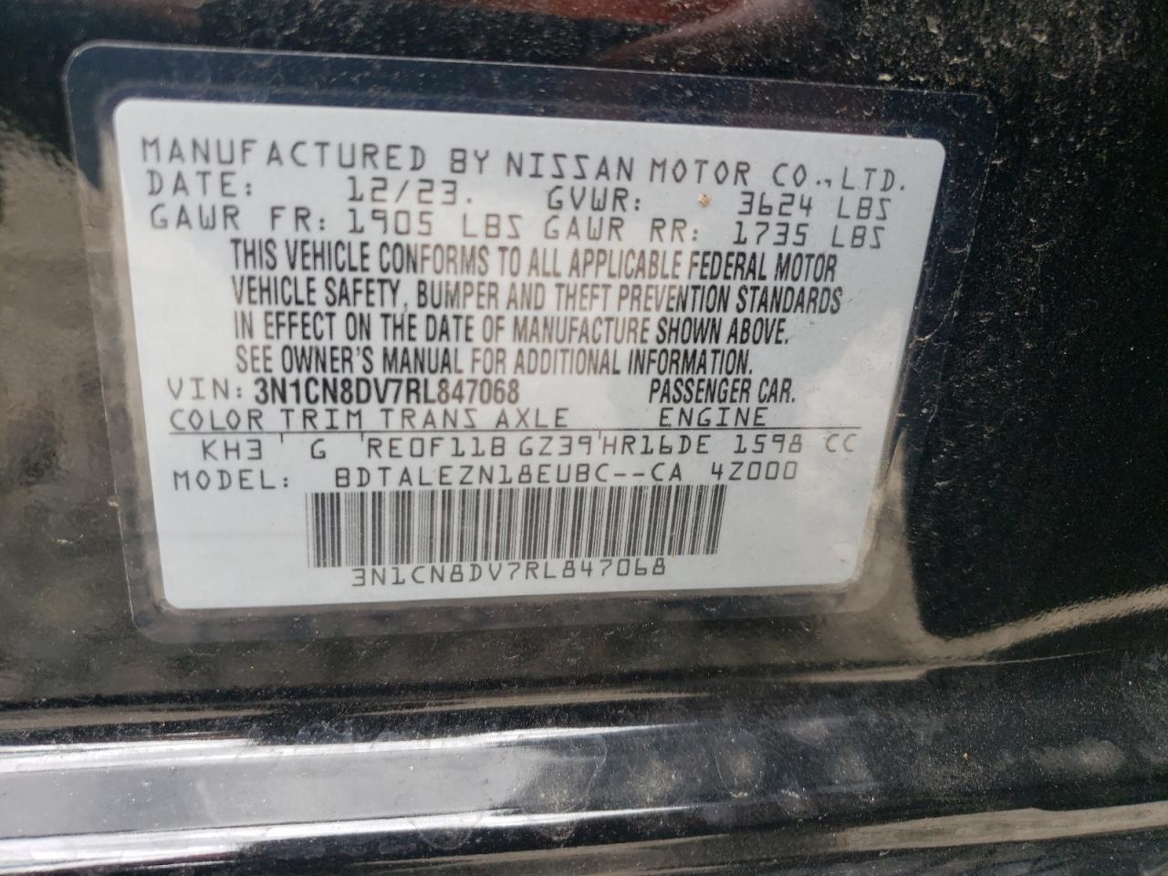 2024 Nissan Versa S VIN: 3N1CN8DV7RL847068 Lot: 73986534