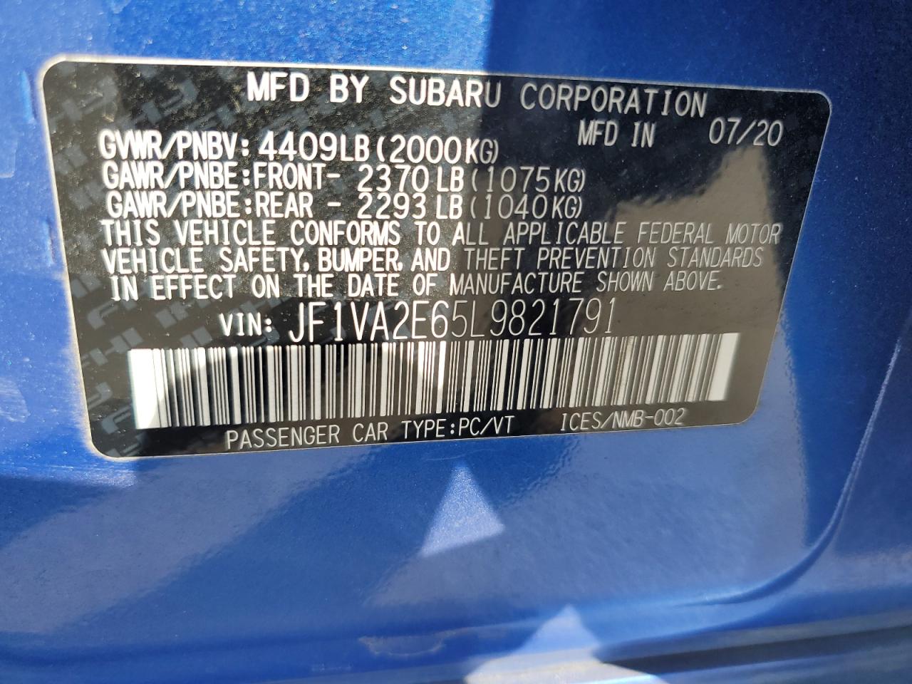 JF1VA2E65L9821791 2020 Subaru Wrx Sti