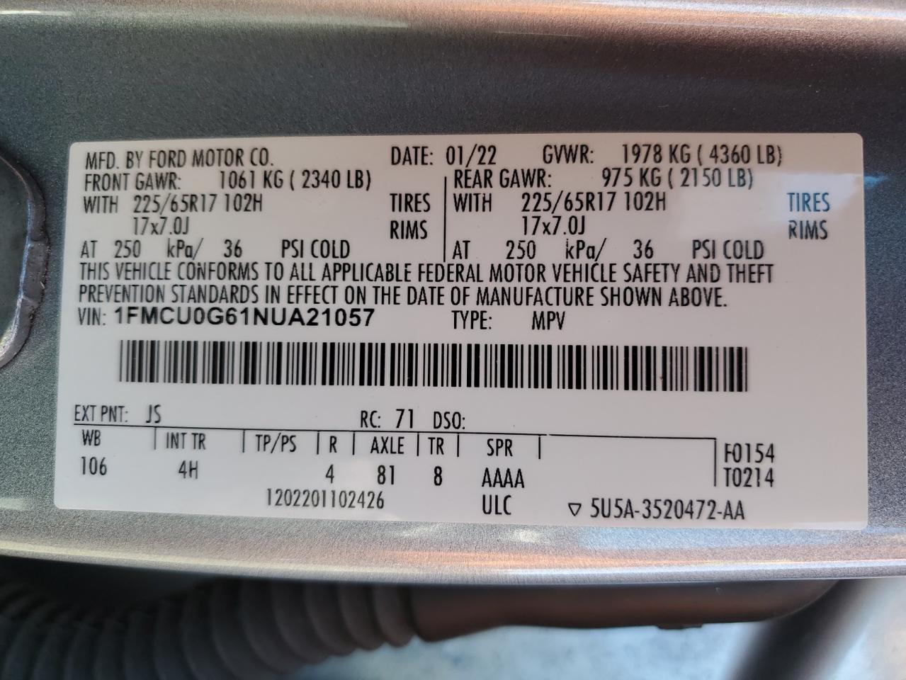 2022 Ford Escape Se VIN: 1FMCU0G61NUA21057 Lot: 77127944