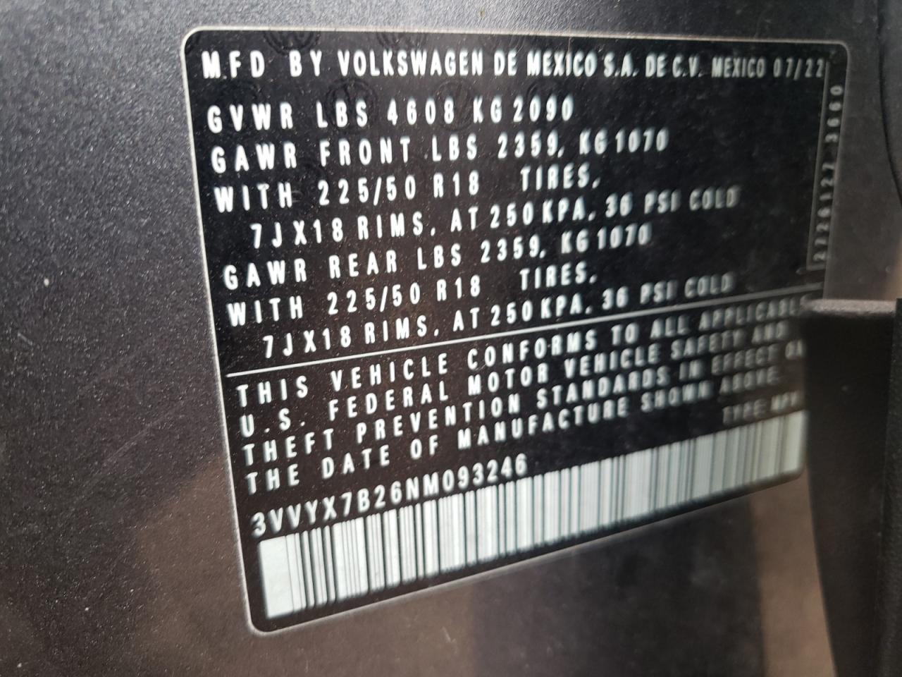 VIN 3VVYX7B26NM093246 2022 VOLKSWAGEN TAOS SE no.13