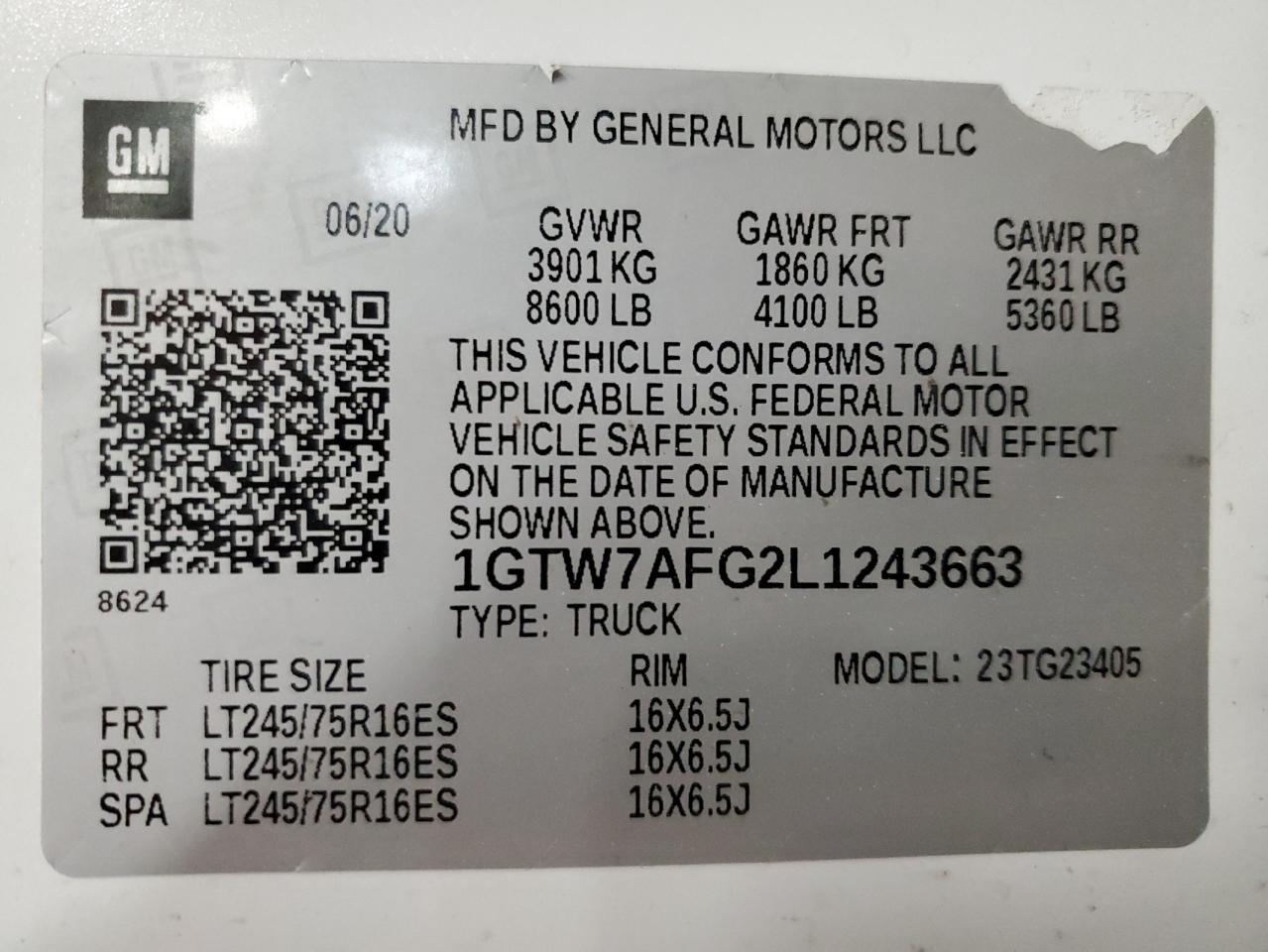 1GTW7AFG2L1243663 2020 GMC Savana G2500