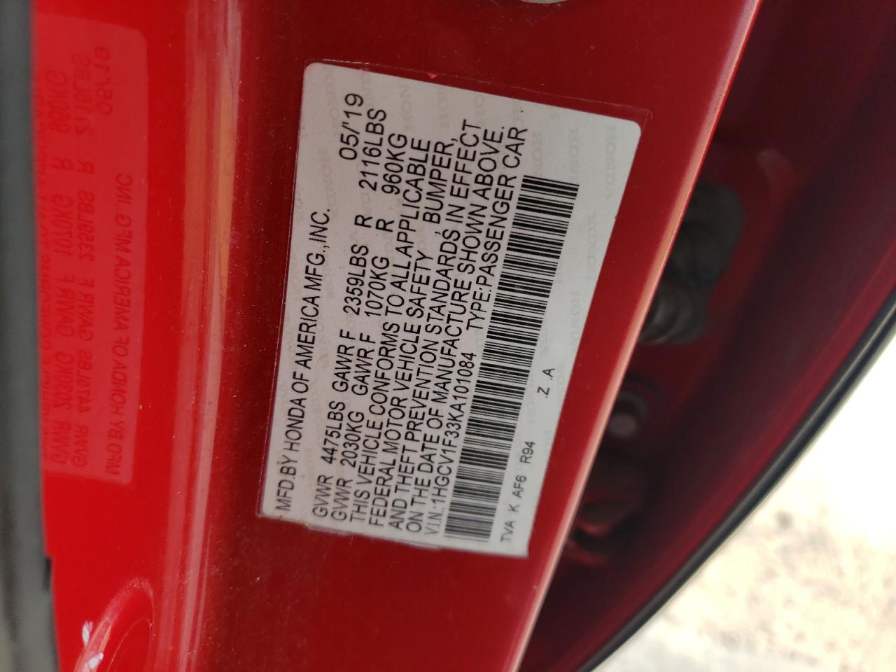 1HGCV1F33KA101084 2019 HONDA ACCORD - Image 12