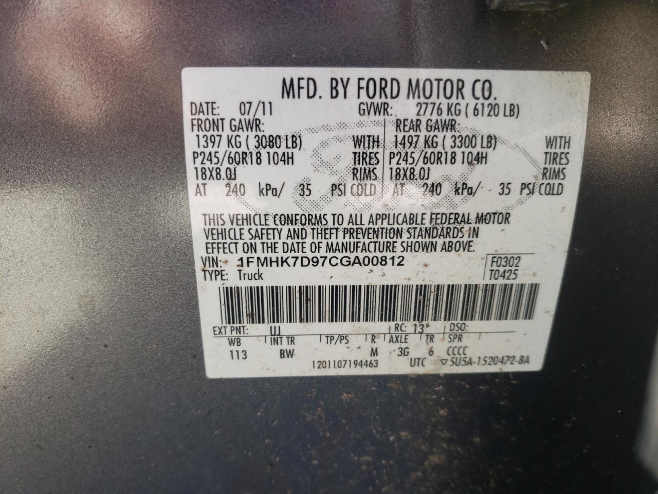 2012 Ford Explorer Xlt VIN: 1FMHK7D97CGA00812 Lot: 76471254