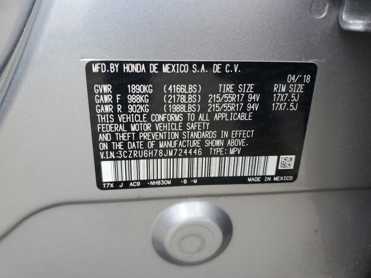 3CZRU6H78JM724446 2018 Honda Hr-V Exl