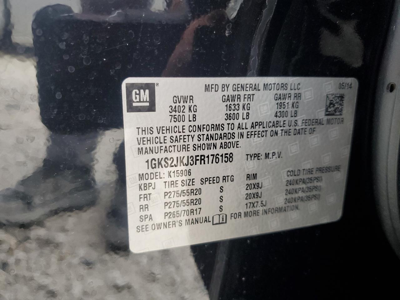 2015 GMC Yukon Xl Denali VIN: 1GKS2JKJ3FR176158 Lot: 78004904