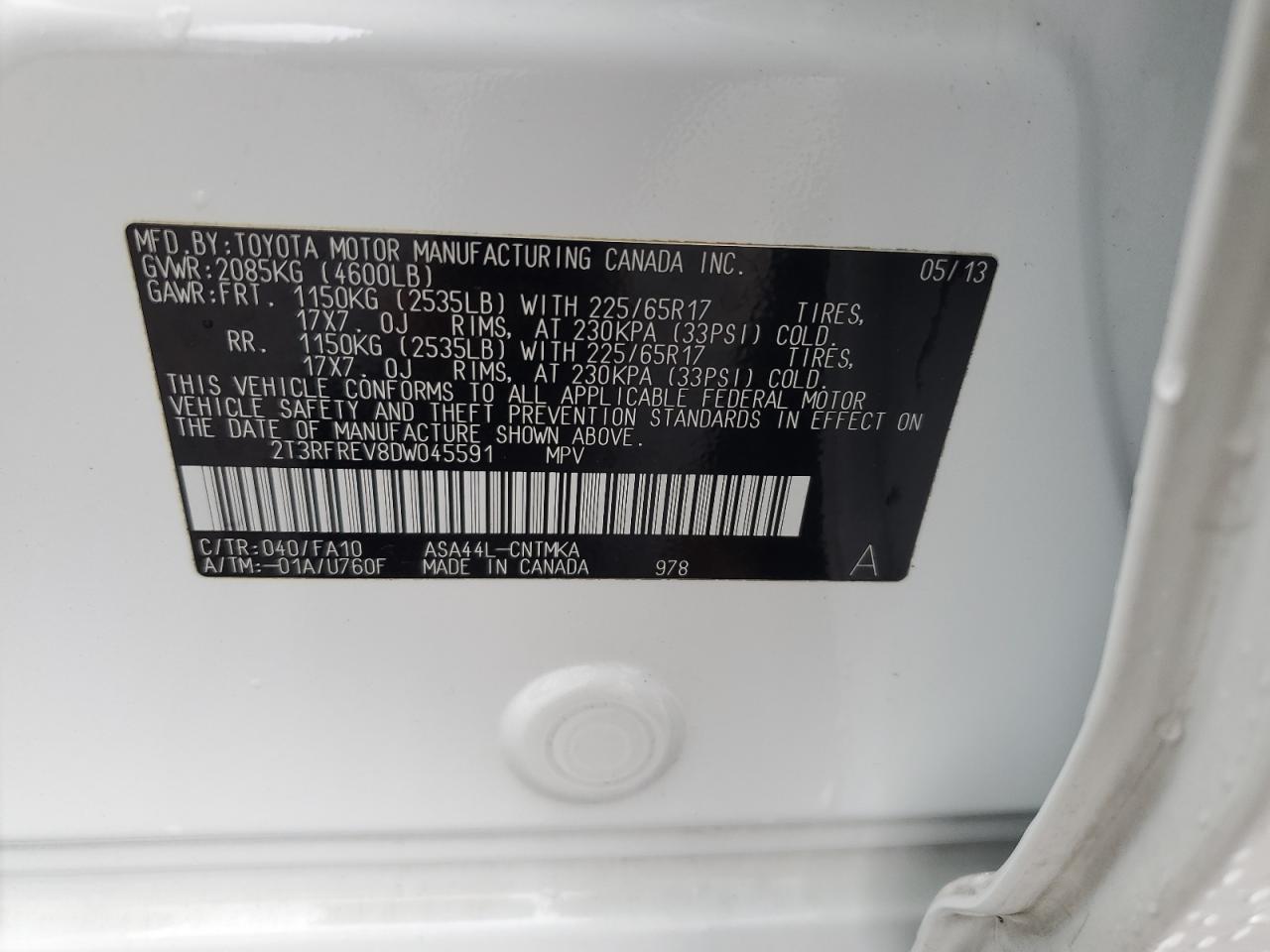 VIN 2T3RFREV8DW045591 2013 TOYOTA RAV4 no.13