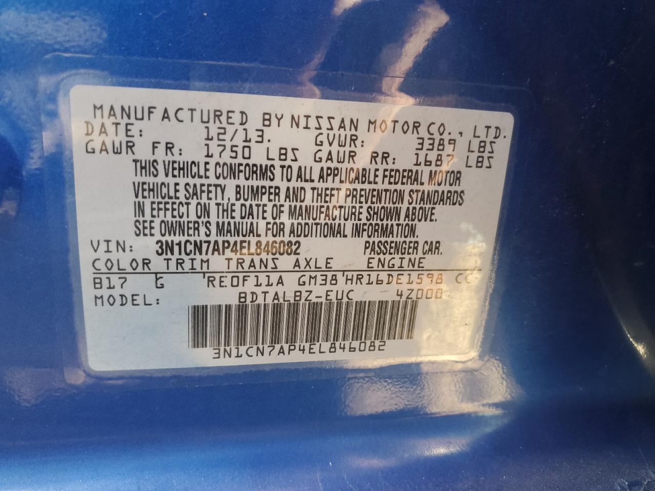 3N1CN7AP4EL846082 2014 Nissan Versa S