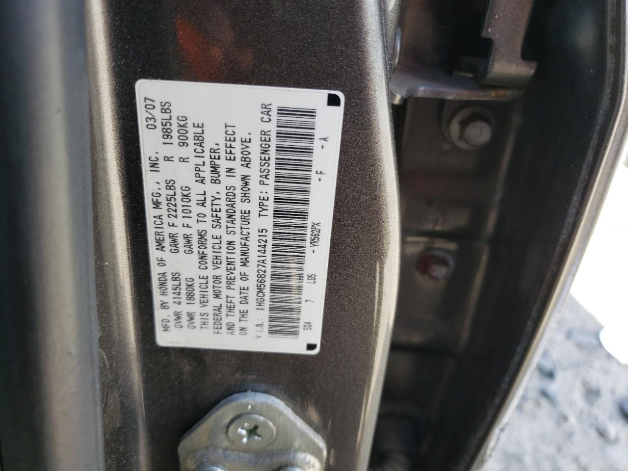 1HGCM56827A144215 2007 Honda Accord Ex