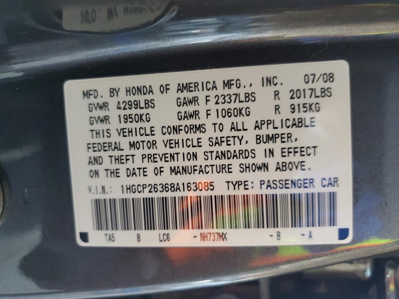 1HGCP26368A163085 2008 Honda Accord Lx